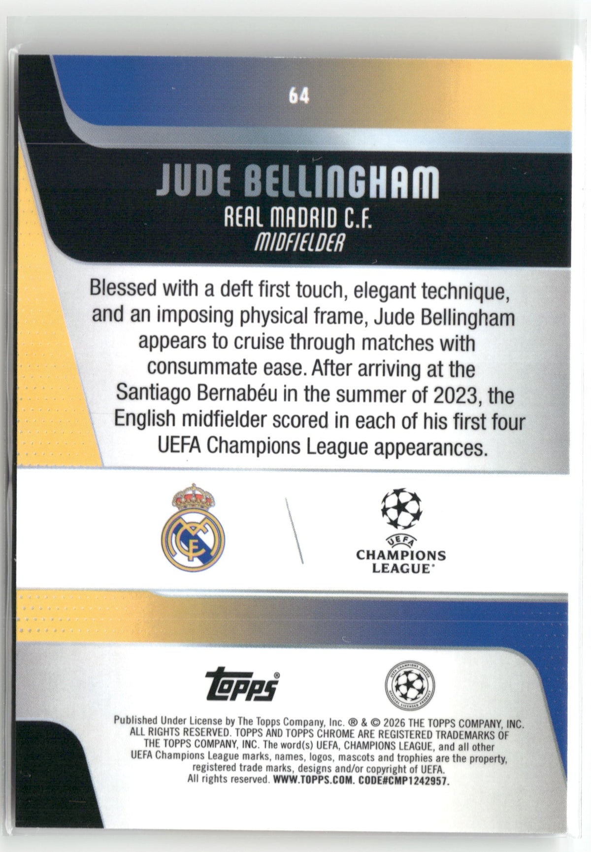 Fußball Jude Bellingham 2025-26 Topps Chrome UEFA Champions League #64 Real Madrid C.F. Trading Card Original