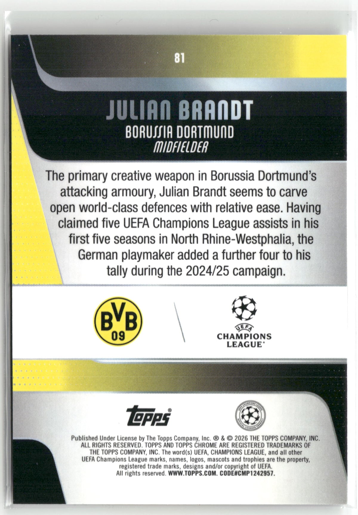 Fußball Julian Brandt 2025-26 Topps Chrome UEFA Champions League #81 Borussia Dortmund Trading Card Original