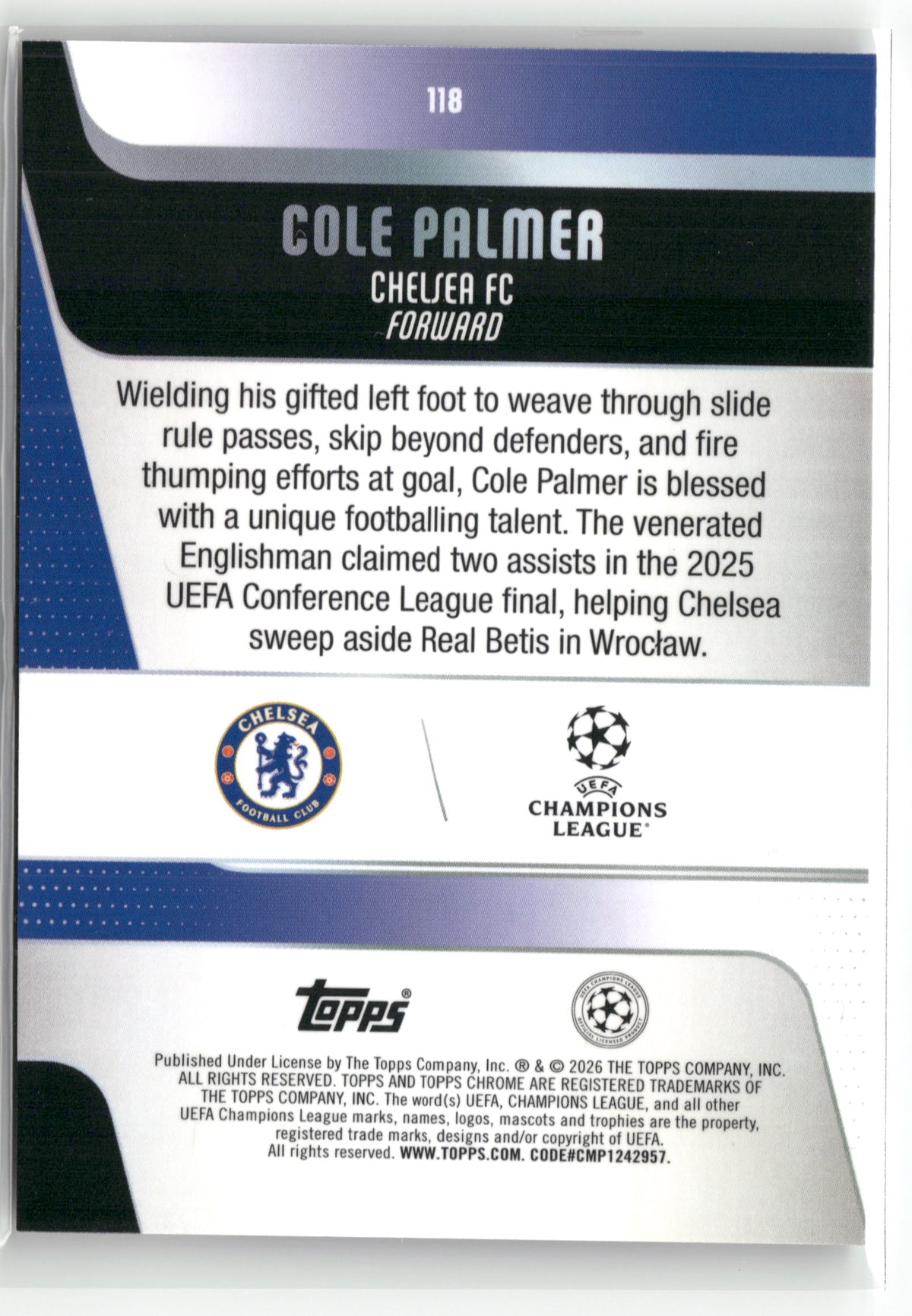Fußball Cole Palmer 2025-26 Topps Chrome UEFA Champions League #118 X-Fractor Chelsea FC Trading Card Original