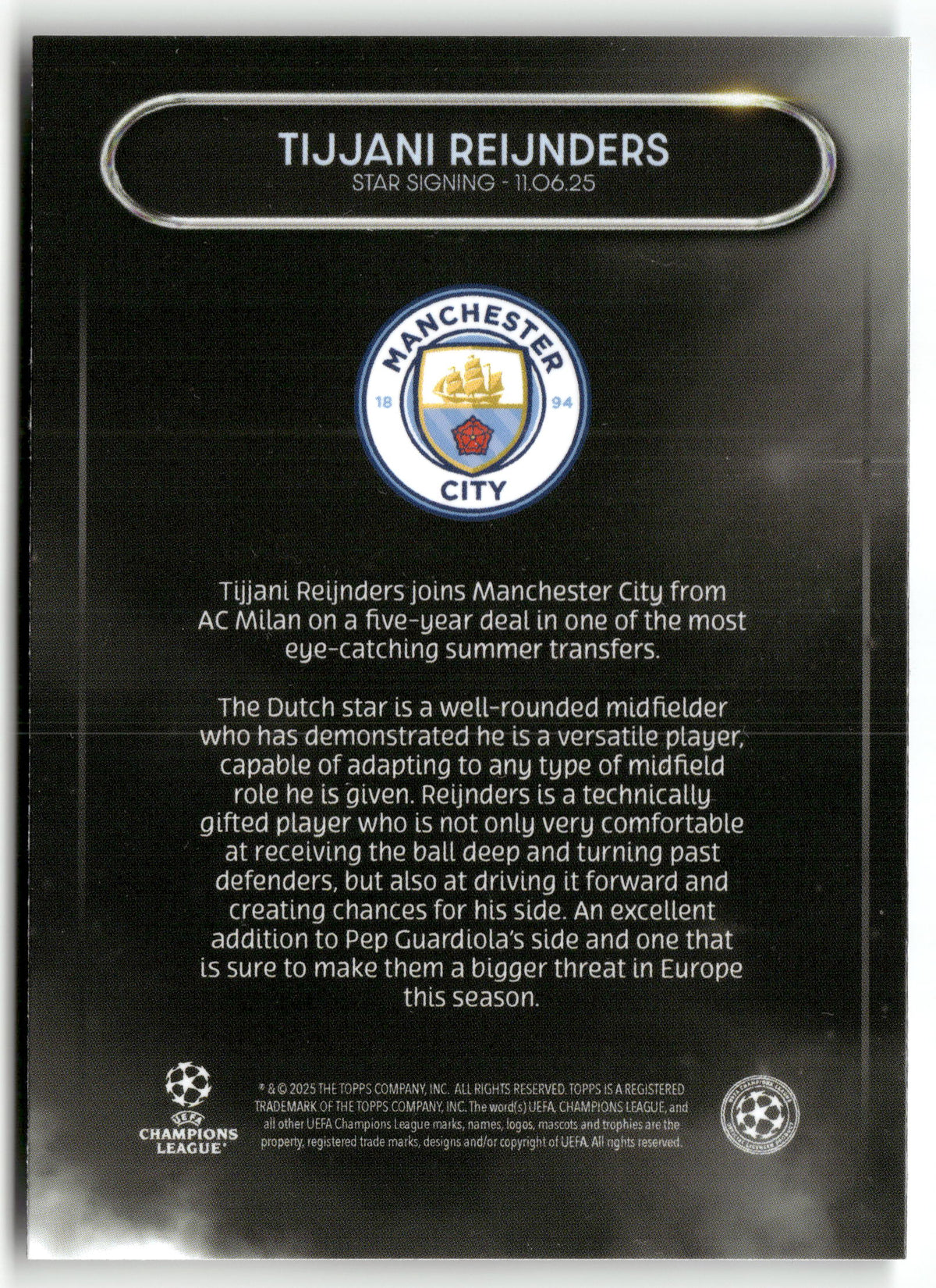 Fußball Tijjani Reijnders 2025-26 Topps UEFA Champions League Summer Signings Manchester City Trading Card Original