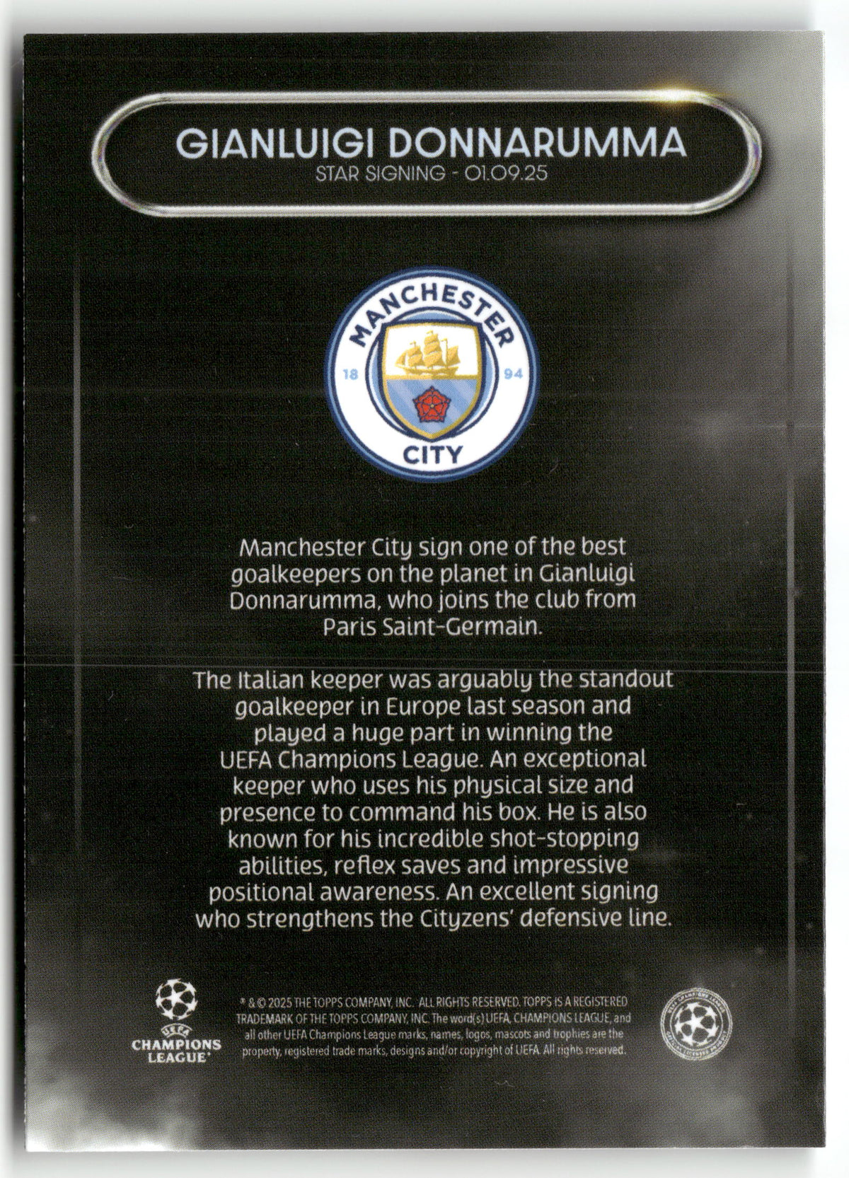 Fußball Gianluigi Donnarumma 2025-26 Topps Summer Signings UEFA Champions League Manchester City Trading Card Original