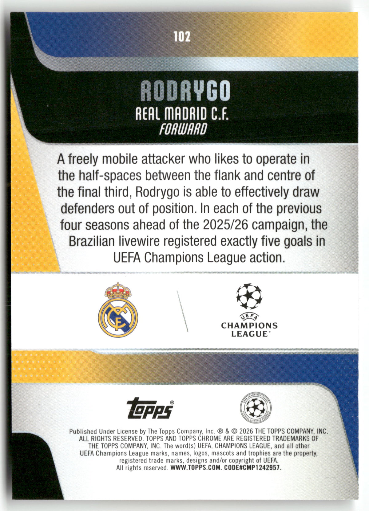 Fußball Rodrygo 2025-26 Topps Chrome UEFA Champions League #102 Real Madrid C.F. Trading Card Original