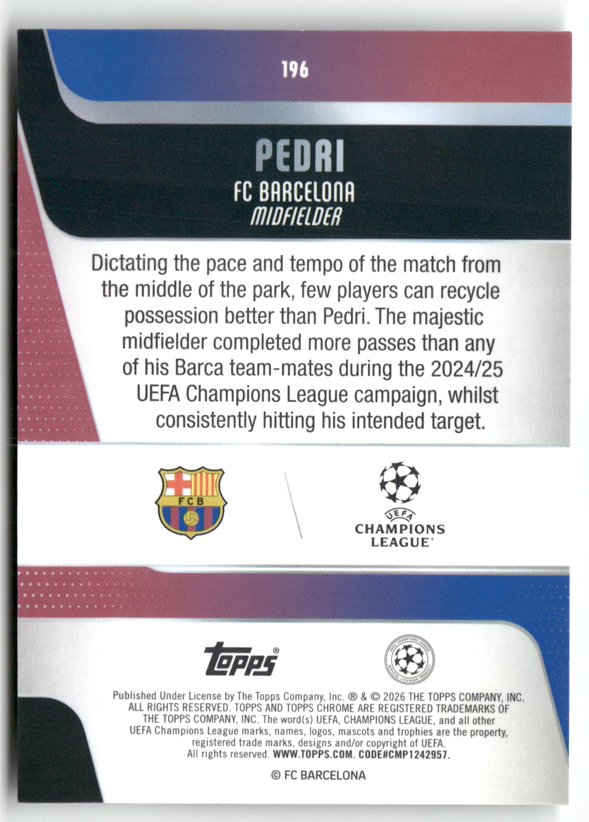 Fußball Pedri 2025-26 Topps Chrome UEFA Champions League #196 FC Barcelona Trading Card Original