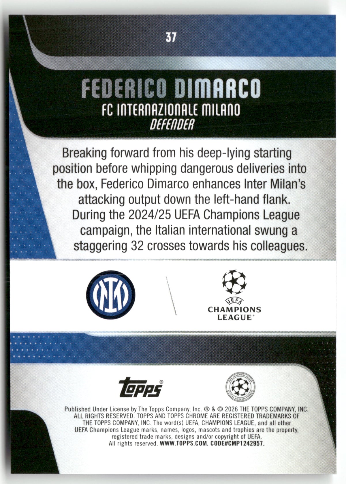 Fußball Federico Dimarco 2024-25 Topps Chrome UEFA Champions League #37 FC Internazionale Milano Trading Card Original