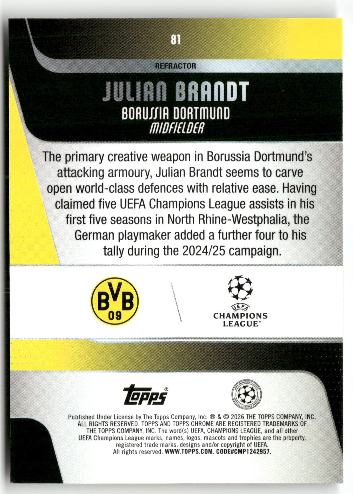 Fußball Julian Brandt 2025-26 Topps Chrome UEFA Champions League #81 Refractor Borussia Dortmund Trading Card Original