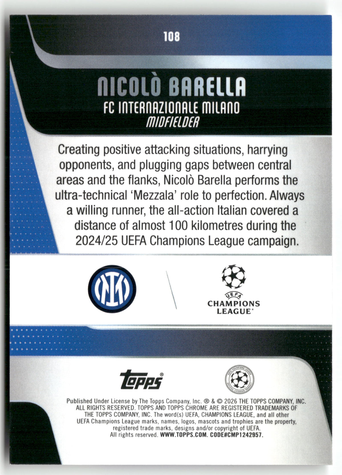 Fußball Nicolò Barella 2025-26 Topps Chrome UEFA Champions League #108 FC Internazionale Milano Trading Card Original