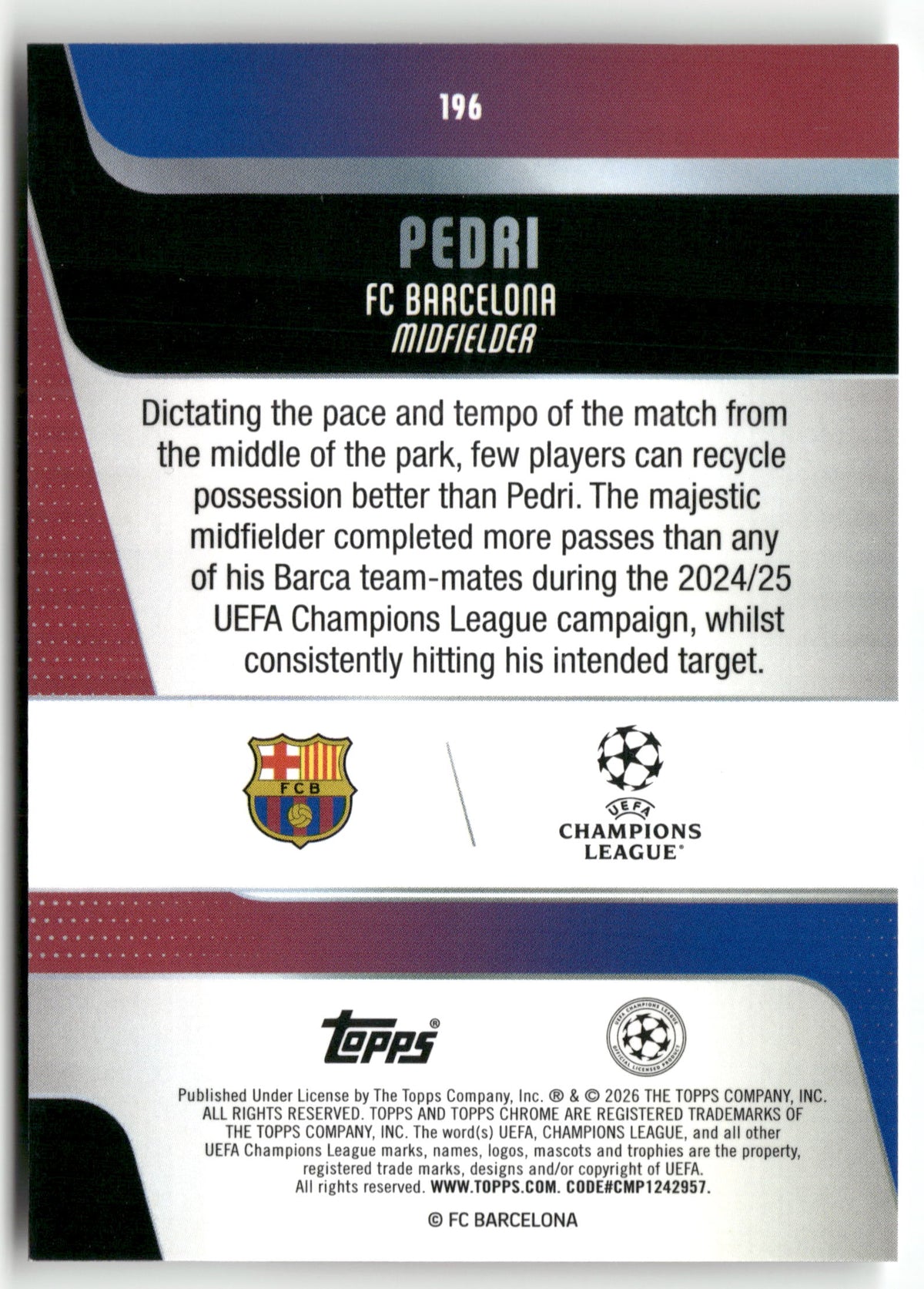 Fußball Pedri 2025-26 Topps Chrome UEFA Champions League #196 FC Barcelona Trading Card Original