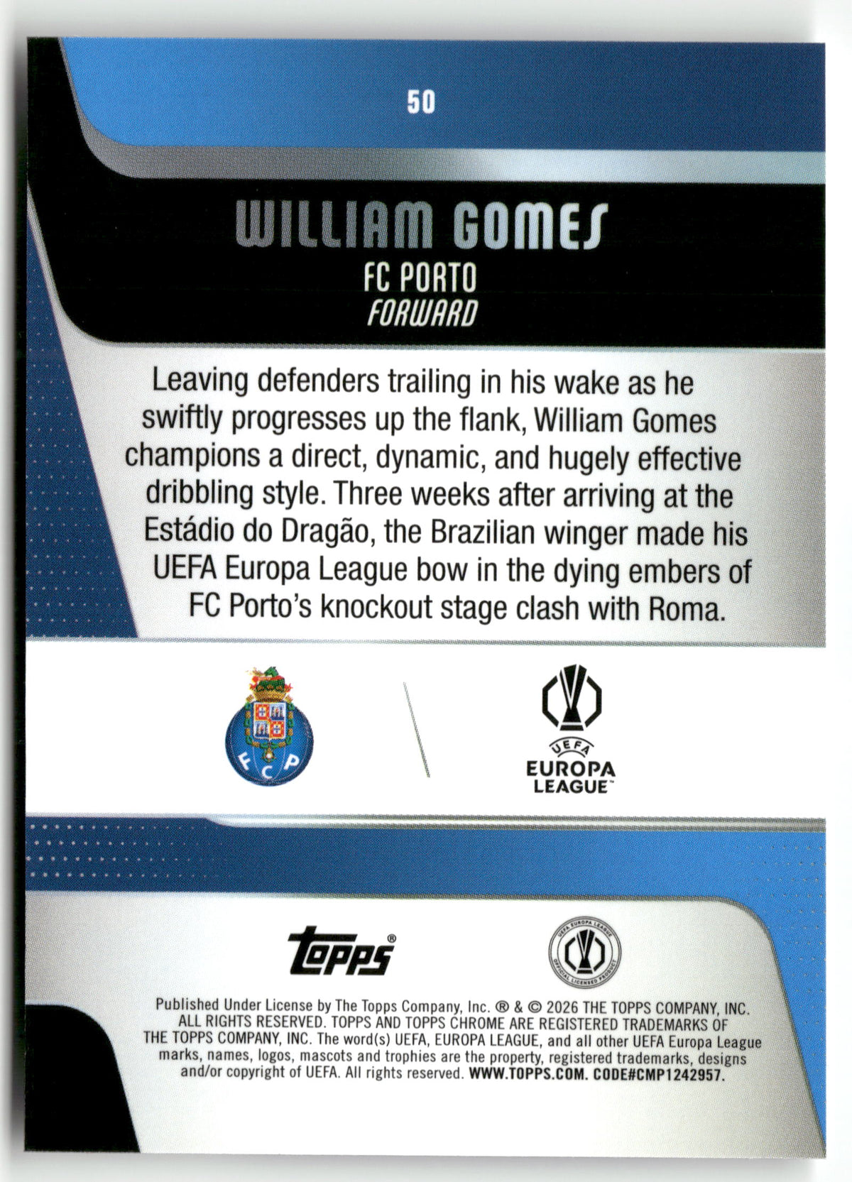Fußball William Gomes 2025-26 Topps Chrome UEFA Europa League #50 FC Porto Trading Card Original