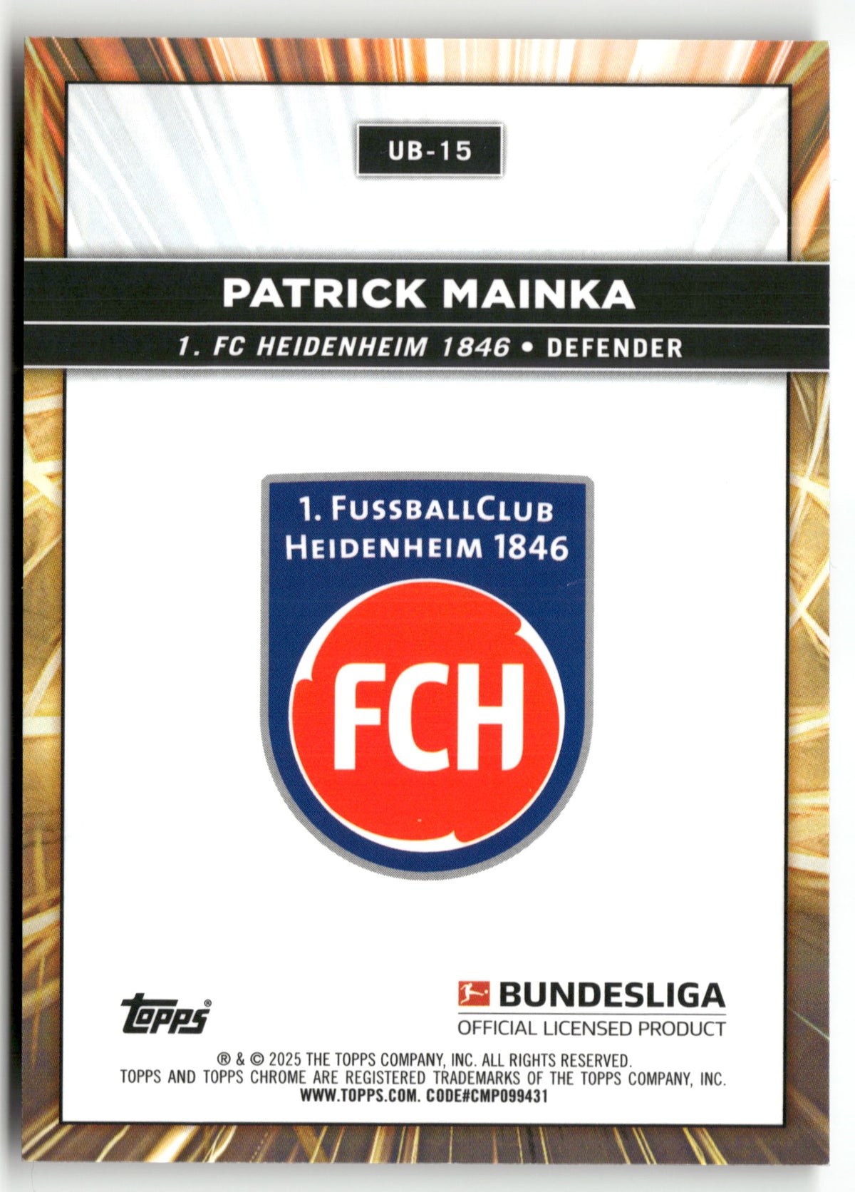 Fußball Patrick Mainka 2024-25 Topps Chrome Bundesliga #UB-15 Ultrabeam 1. FC Heidenheim 1846 Trading Card Original