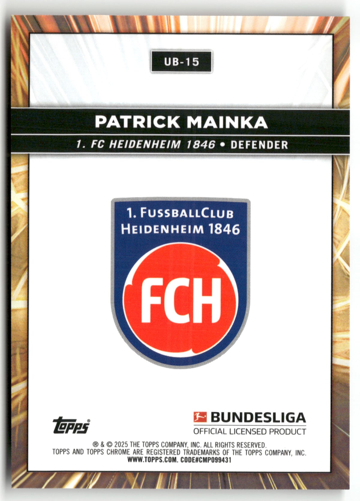 Fußball Patrick Mainka 2024-25 Topps Chrome Bundesliga #UB-15 Ultrabeam 1. FC Heidenheim 1846 Trading Card Original