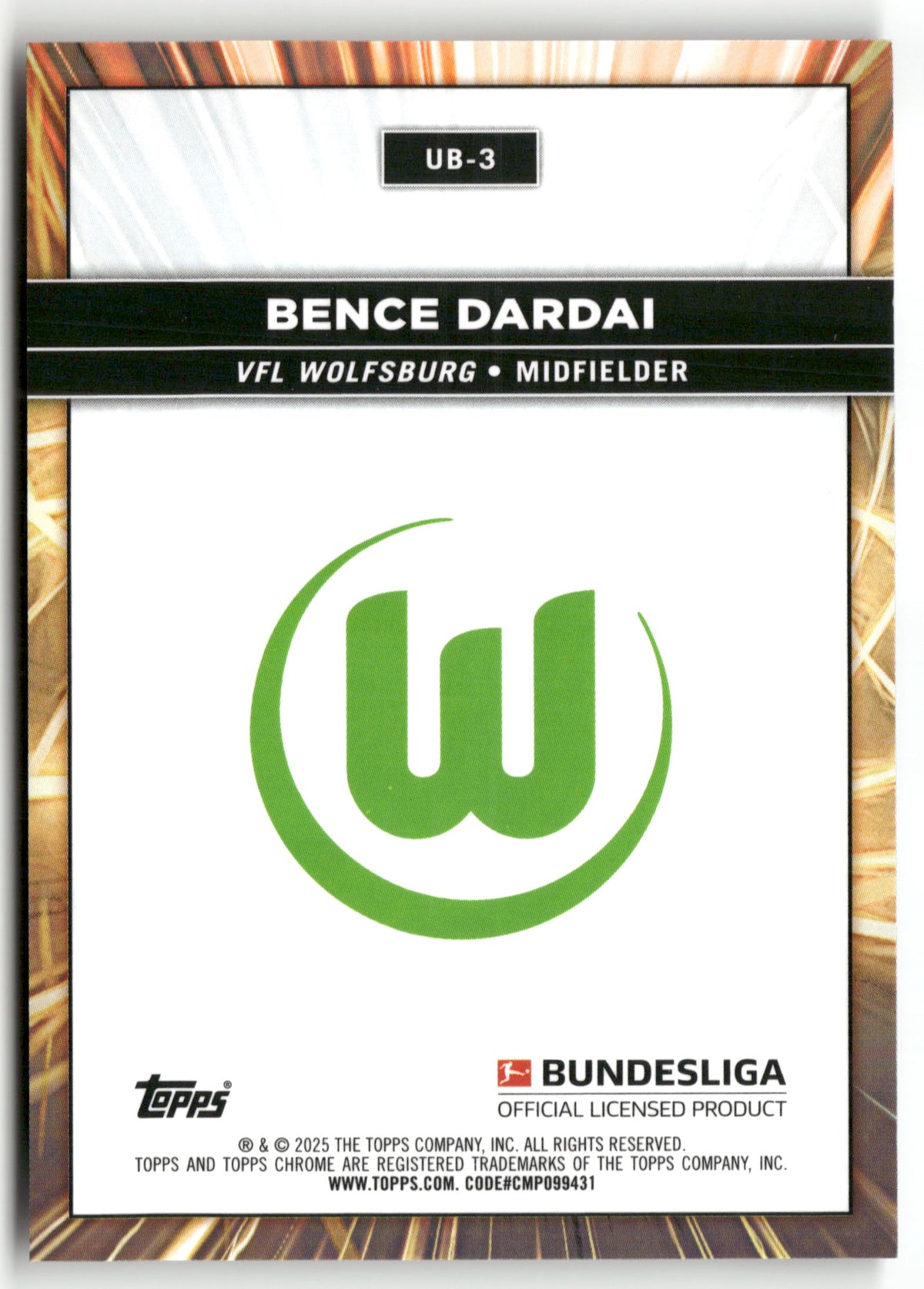 Fußball Bence Dardai 2024-25 Topps Chrome Bundesliga #UB-3 Ultrabeam VFL Wolfsburg Rookie Card RC Trading Card Original