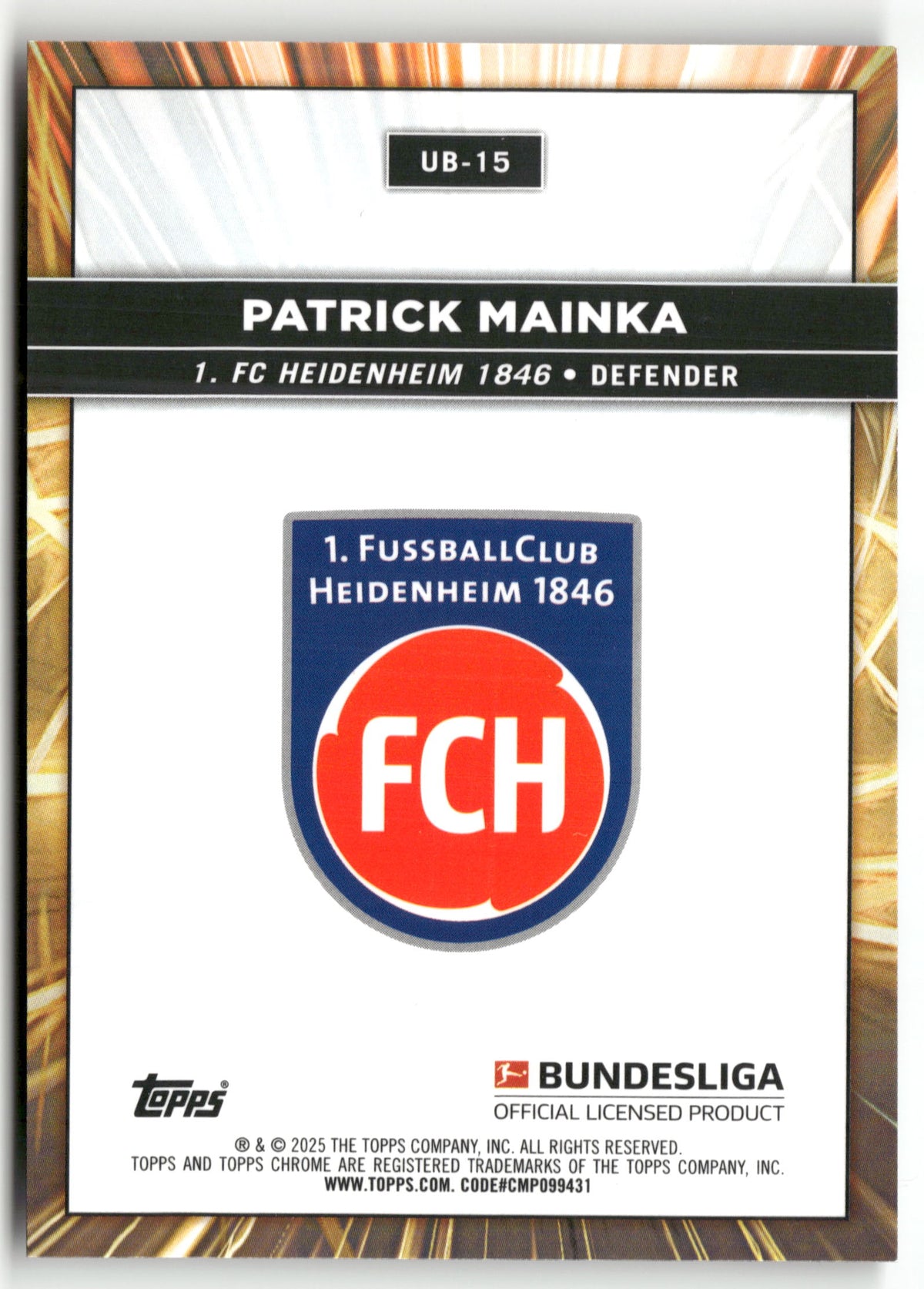 Fußball Patrick Mainka 2024-25 Topps Chrome Bundesliga #UB-15 Ultrabeam 1. FC Heidenheim 1846 Trading Card Original