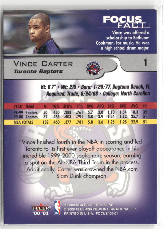 Basketball NBA Vince Carter 2000-01 Fleer Focus #1 Toronto Raptors Trading Card Original
