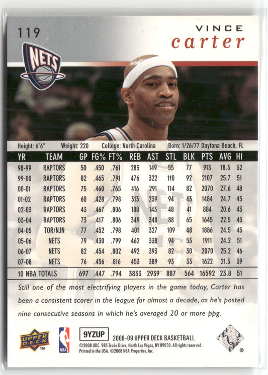 Basketball NBA Vince Carter 2008-09 Upper Deck Basketball #119 New Jersey Nets Trading Card Original