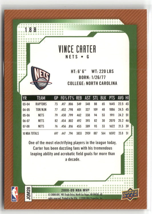 Basketball NBA Vince Carter 2008-09 NBA MVP #188 New Jersey Nets Trading Card Original