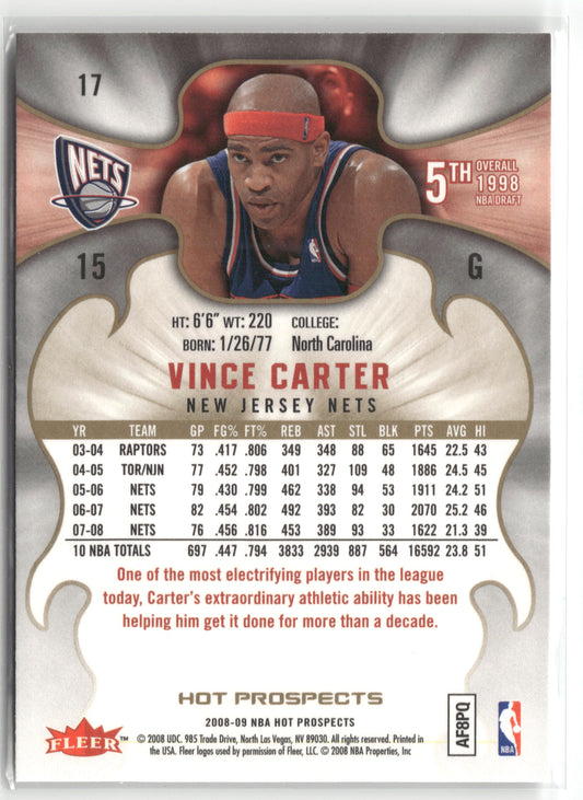 Basketball NBA Vince Carter 2008-09 NBA Hot Prospects #17 New Jersey Nets Trading Card Original