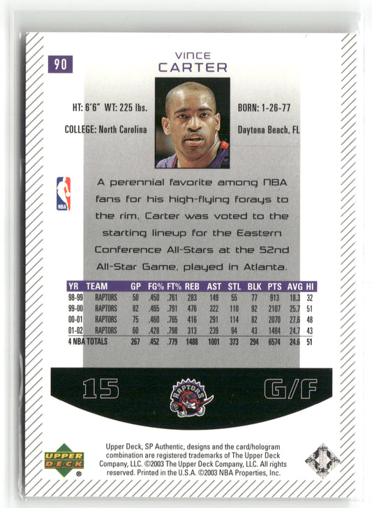 Basketball NBA Vince Carter 2002-03 SP Authentic #90 Toronto Raptors Trading Card Original