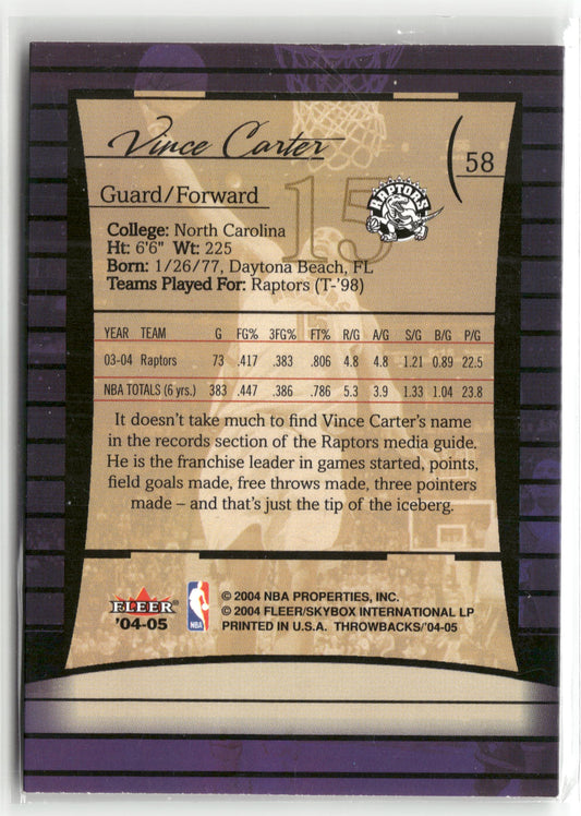 Basketball NBA Vince Carter 2004-05 Fleer Throwbacks #58 Toronto Raptors Trading Card Original
