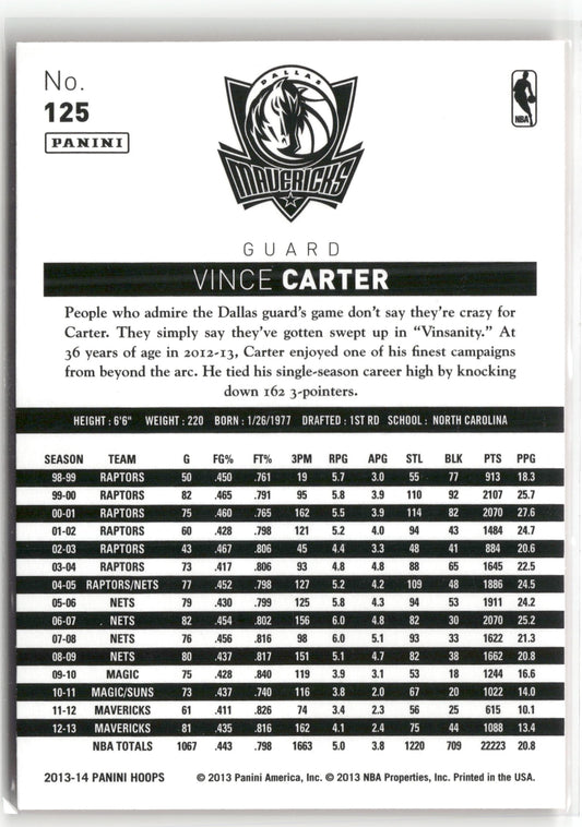Basketball NBA Vince Carter 2013-14 Panini NBA Hoops #125 Dallas Mavericks Trading Card Original