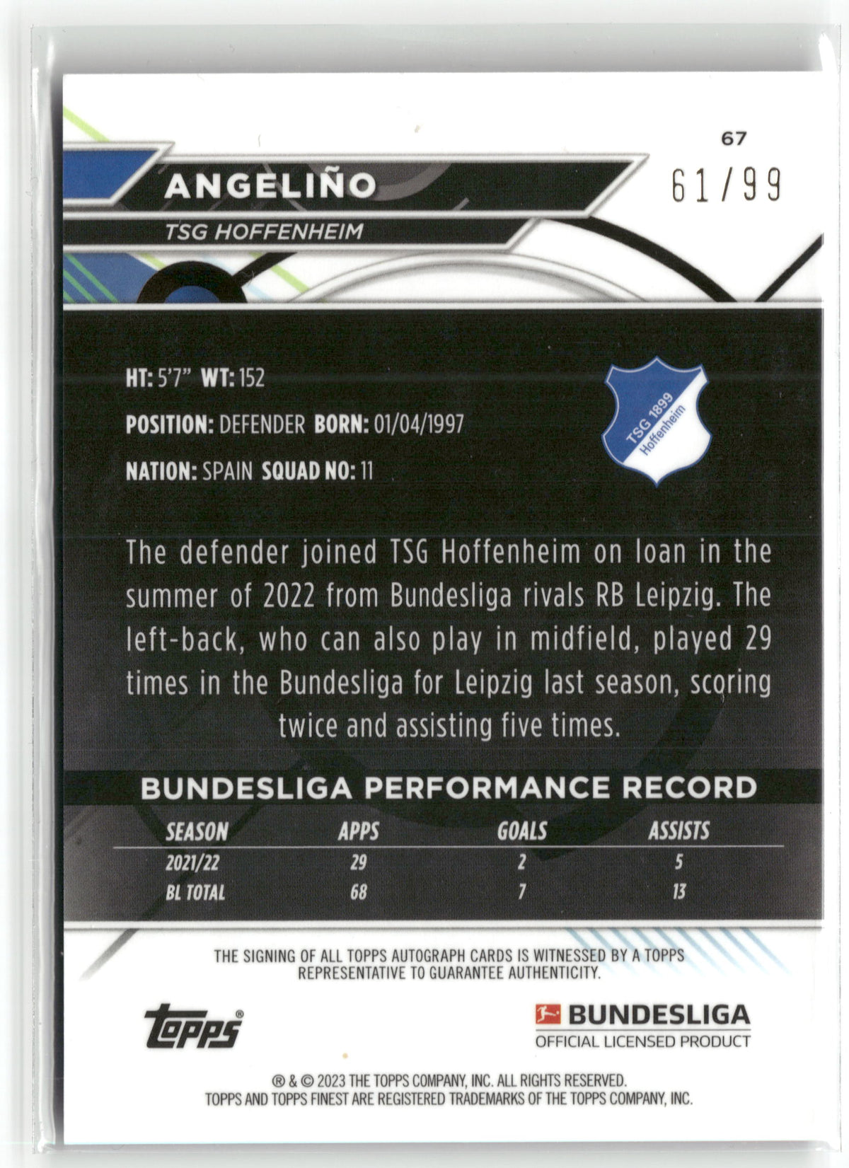 Fußball Angeliño 2022-23 Topps Finest Bundesliga #67 Purple Auto /99 TSG Hoffenheim Trading Card Original