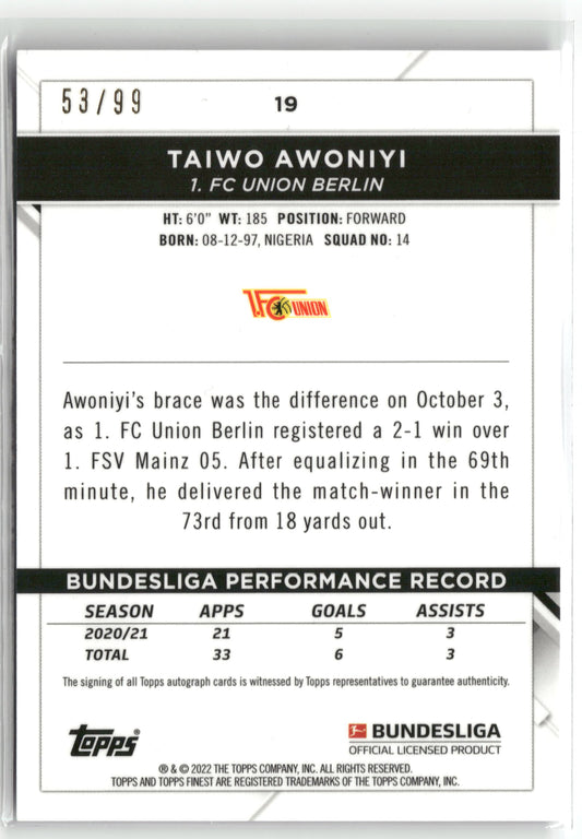 Fußball Taiwo Awoniyi 2021-22 Topps Finest Bundesliga #19 True Purple Auto /99 1. FC Union Berlin Rookie Card RC Trading Card Original