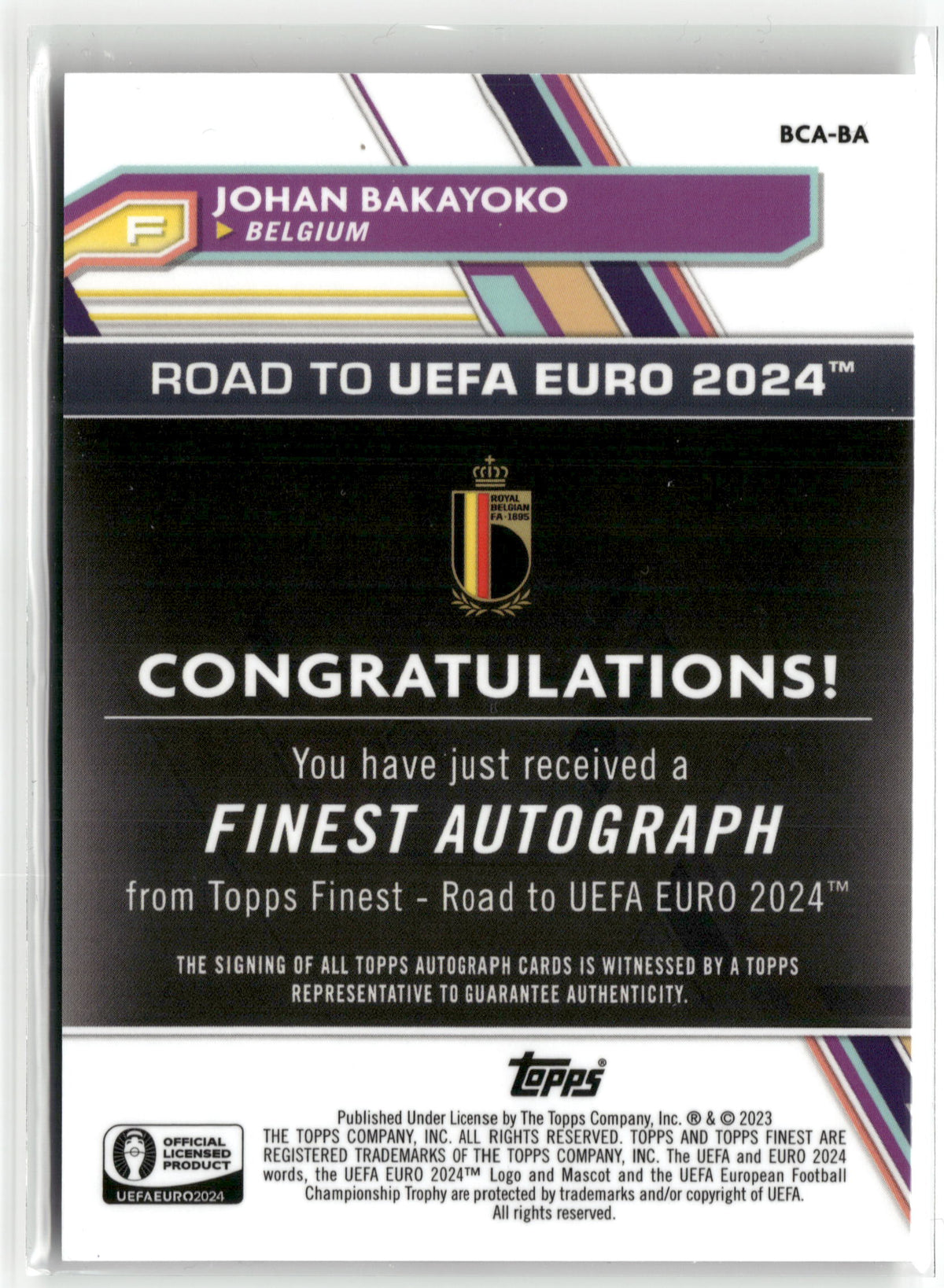 Fußball Johan Bakayoko Topps Finest Road to UEFA Euro 2024 2023-24 #BCA-BA National Debut Auto Belgium Trading Card Original