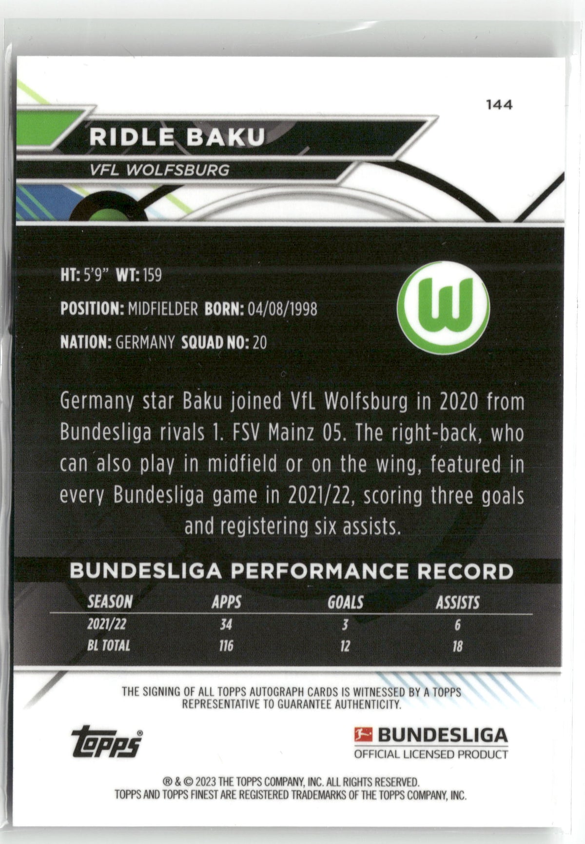 Fußball Ridle Baku 2022-23 Topps Finest Bundesliga #144 VFL Wolfsburg Trading Card Original