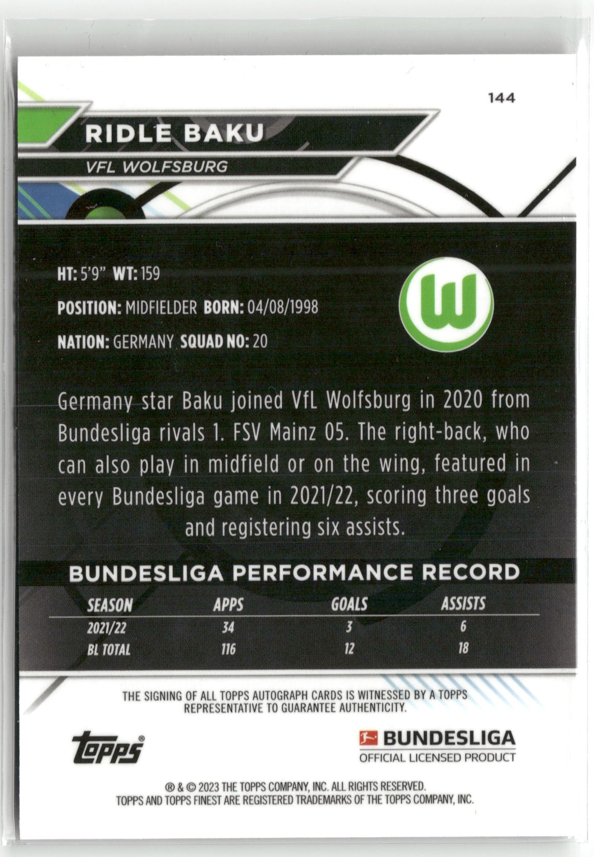 Fußball Ridle Baku 2022-23 Topps Finest Bundesliga #144 VFL Wolfsburg Trading Card Original