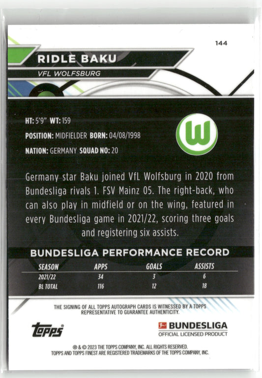 Fußball Ridle Baku 2022-23 Topps Finest Bundesliga #144 VFL Wolfsburg Trading Card Original