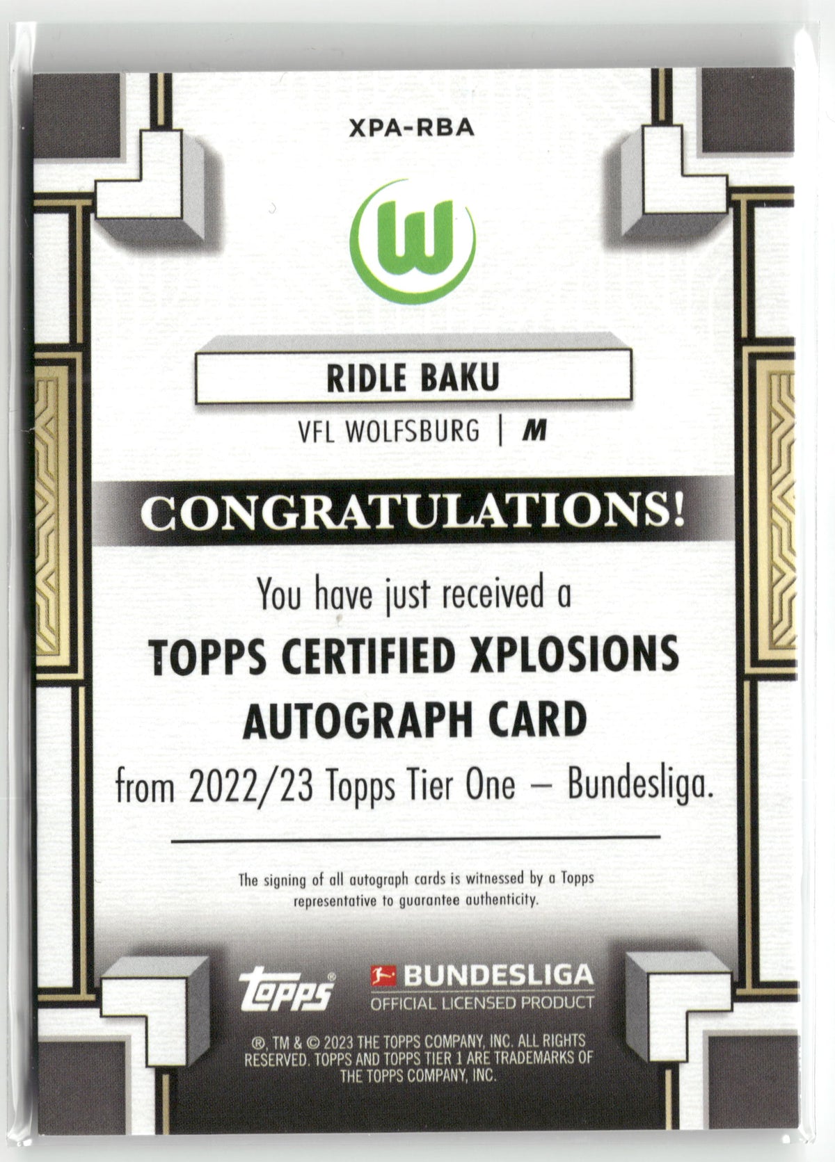 Fußball Ridle Baku 2022-23 Topps Tier One Bundesliga #XPA-RBA Auto /120 VFL Wolfsburg Trading Card Original