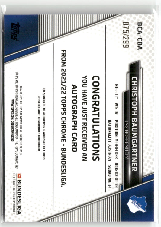Fußball Christoph Baumgartner 2021-22 Topps Chrome Bundesliga #BCA-CBA Blue Color Match Auto /299 TSG Hoffenheim Trading Card Original