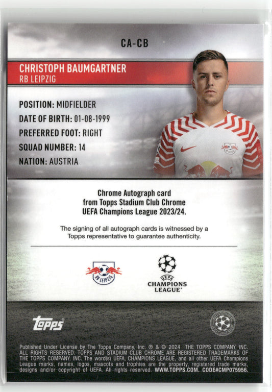 Fußball Christoph Baumgartner 2023-24 Topps Stadium Club Chrome UEFA Champions League #CA-CB Base Auto RB Leipzig Trading Card Original
