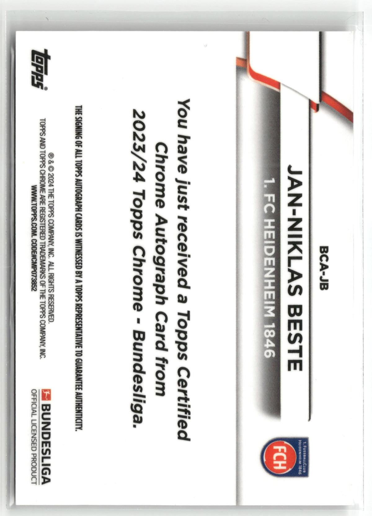 Fußball Jan-Niklas Beste 2023/24 Topps Chrome Bundesliga #BCA-JB Base Auto 1. FC Heidenheim 1846 Trading Card Original