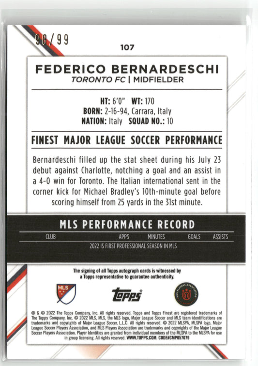 Fußball Federico Bernardeschi 2022 Topps Finest MLS #107 Refractopr Auto /99 Toronto FC Trading Card Original