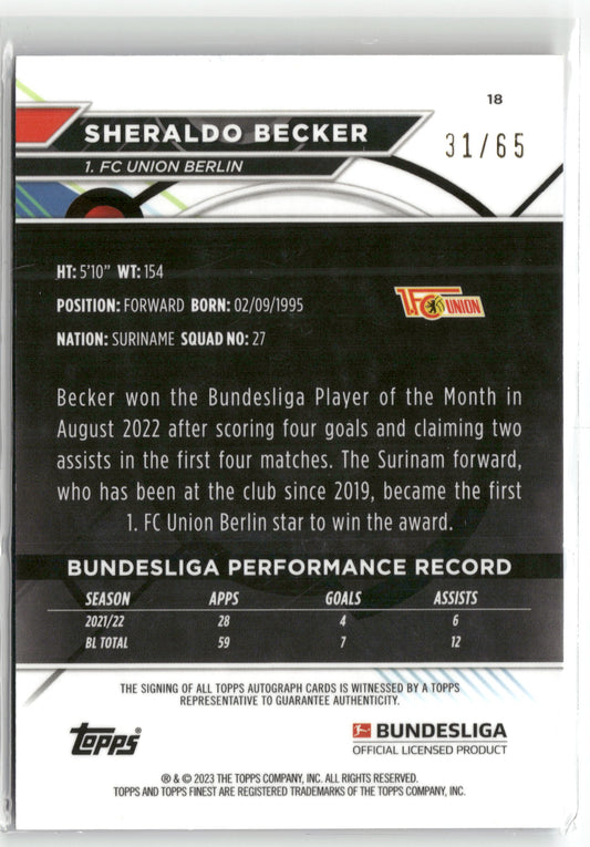 Fußball Sheraldo Becker 2022-23 Topps Finest Bundesliga #18 True Blue Auto /65 1. FC Union Berlin Trading Card Original