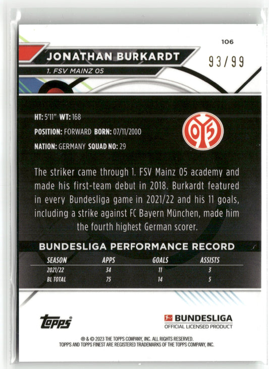 Fußball Jonathan Burkardt Topps Finest Bundesliga 2022-23 #106 Green Wave /99 1. FSV Mainz 05 Trading Card Original