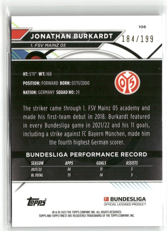 Fußball Jonathan Burkardt 2022-23 Topps Finest Bundesliga #106 True Black /199 1. FSV Mainz 05 Trading Card Original