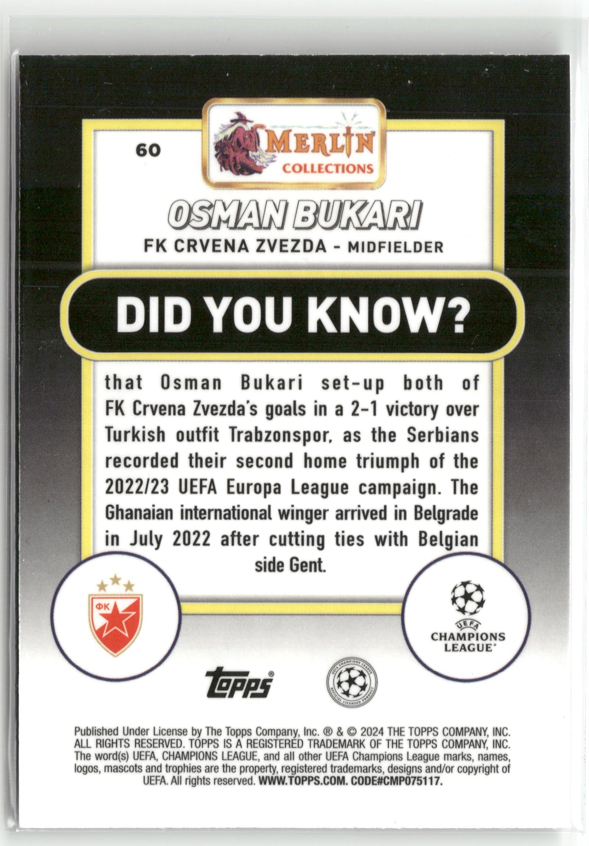Fußball Osman Bukari Topps Merlin Collections UEFA Champions League 2024 #60 Silver Inferno /150 FK Crvena Zvezda Rookie Card RC Trading Card Original