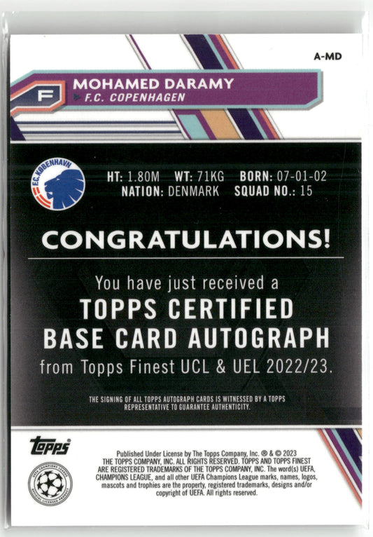 Fußball Mohamed Daramy 2022-23 Topps Finest UEFA Champions League & UEFA Europa League #A-MD Base Auto F.C. Copenhagen Trading Card Original
