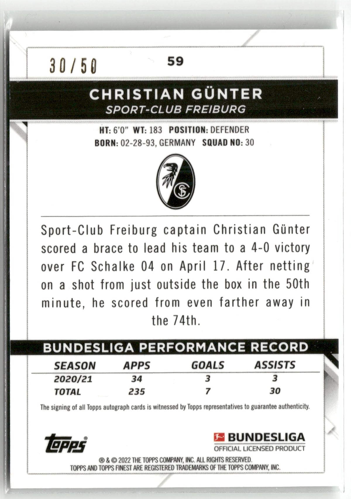 Fußball Christian Günter 2021-22 Topps Finest Bundesliga #59 True Green Auto /50 Sport-Club Freiburg Trading Card Original
