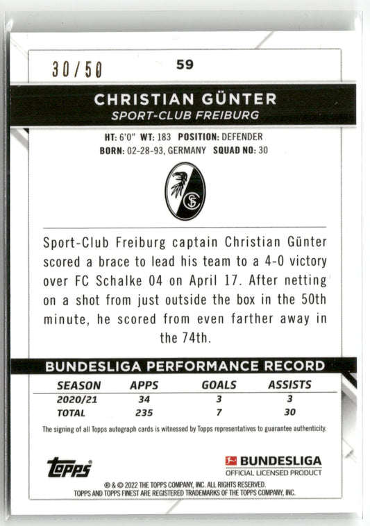Fußball Christian Günter 2021-22 Topps Finest Bundesliga #59 True Green Auto /50 Sport-Club Freiburg Trading Card Original