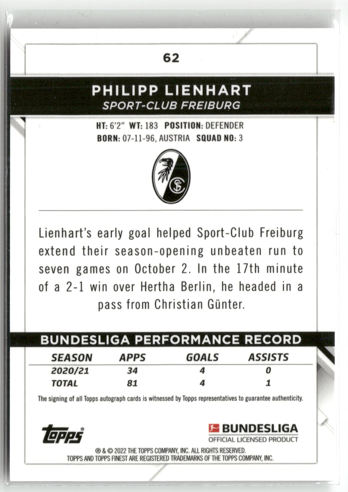 Fußball Philipp Lienhart 2021-22 Topps Finest Bundesliga #62 Rookie Auto RC Sport-Club Freiburg Rookie Card RC Trading Card Original