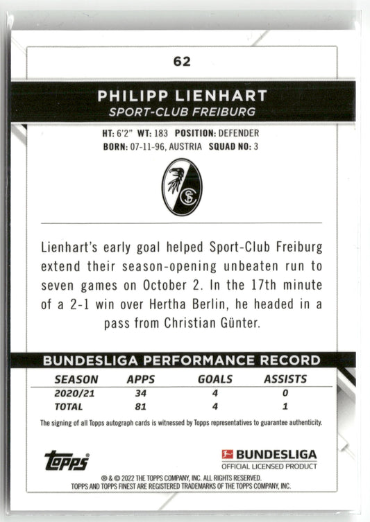 Fußball Philipp Lienhart 2021-22 Topps Finest Bundesliga #62 Rookie Auto RC Sport-Club Freiburg Rookie Card RC Trading Card Original
