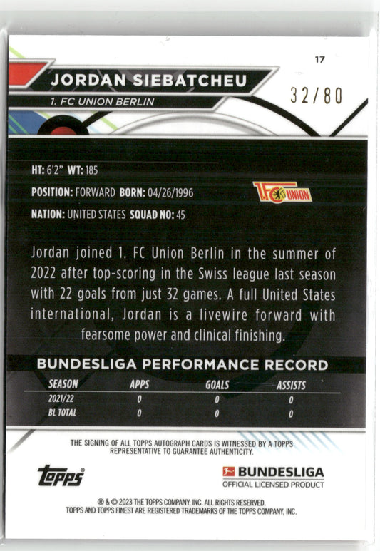 Fußball Jordan Siebatcheu 2022-23 Topps Finest Bundesliga #17 Purple Wave Auto 32/80 1. FC Union Berlin Trading Card Original