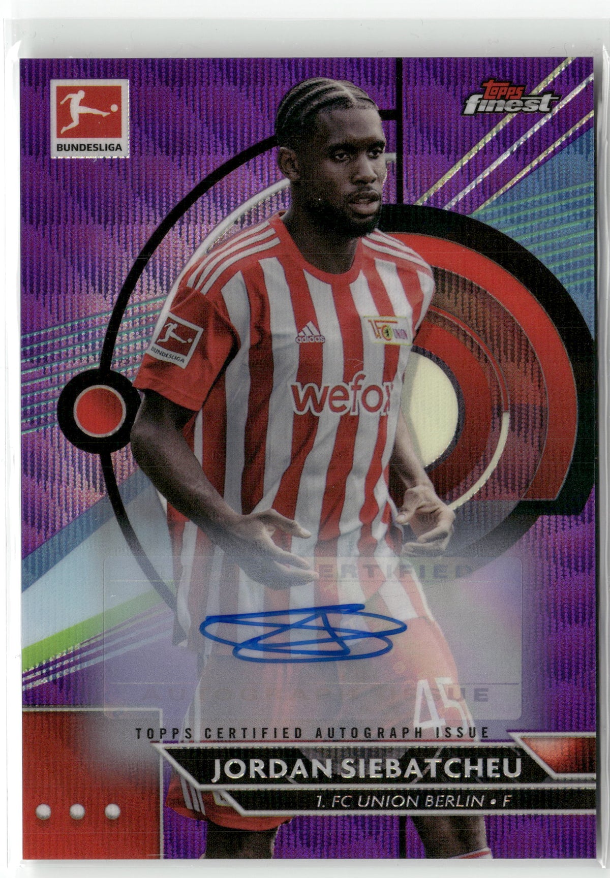 Fußball Jordan Siebatcheu 2022-23 Topps Finest Bundesliga #17 Purple Wave Auto 32/80 1. FC Union Berlin Trading Card Original