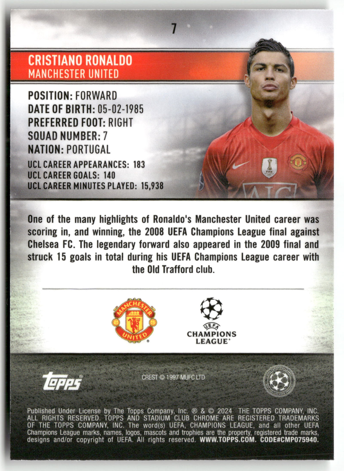 Fußball Cristiano Ronaldo Stadium Club Chrome UEFA Champions League 2024-25 #7 Manchester United Trading Card Original
