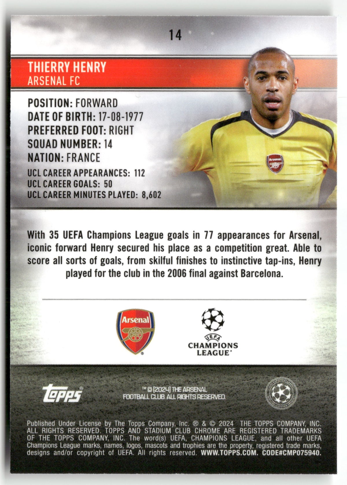 Fußball Thierry Henry 2024 Topps Stadium Club Chrome UEFA Champions League #14 Arsenal FC Trading Card Original