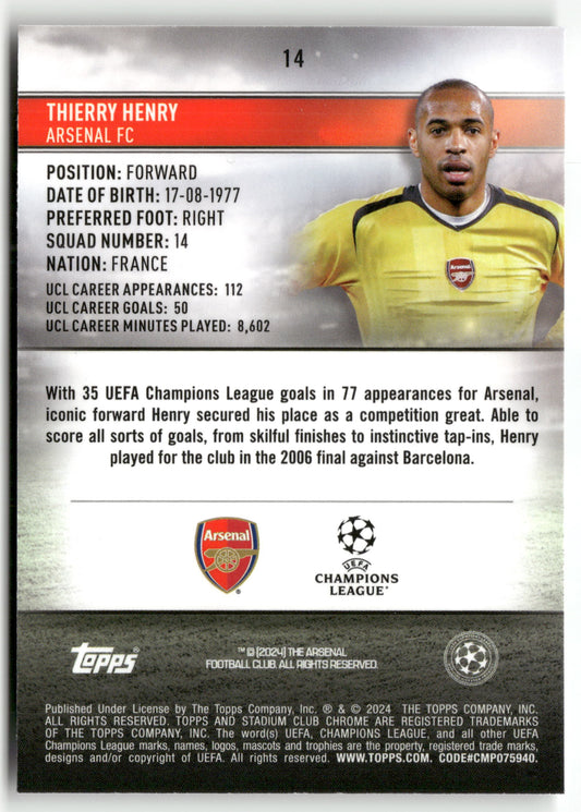 Fußball Thierry Henry 2024 Topps Stadium Club Chrome UEFA Champions League #14 Arsenal FC Trading Card Original