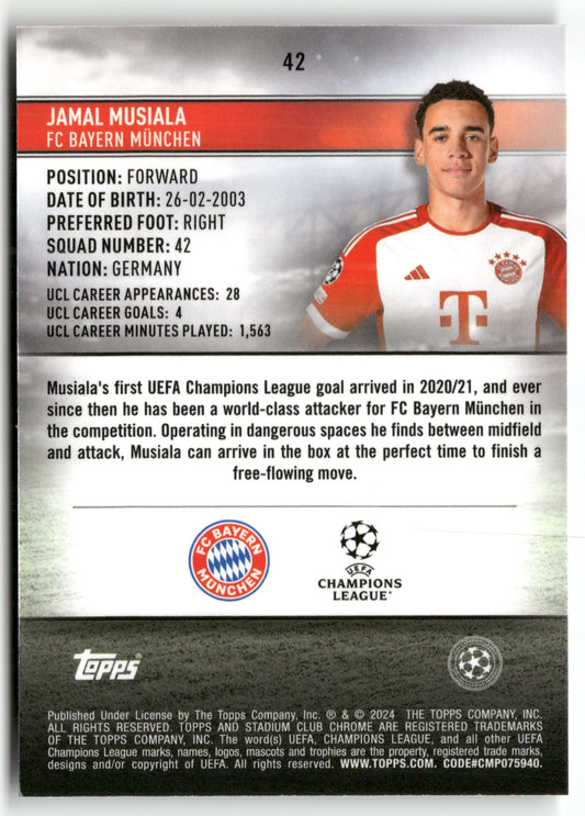 Fußball Jamal Musiala Topps Stadium Club Chrome UEFA Champions League 2024-25 #42 FC Bayern München Trading Card Original
