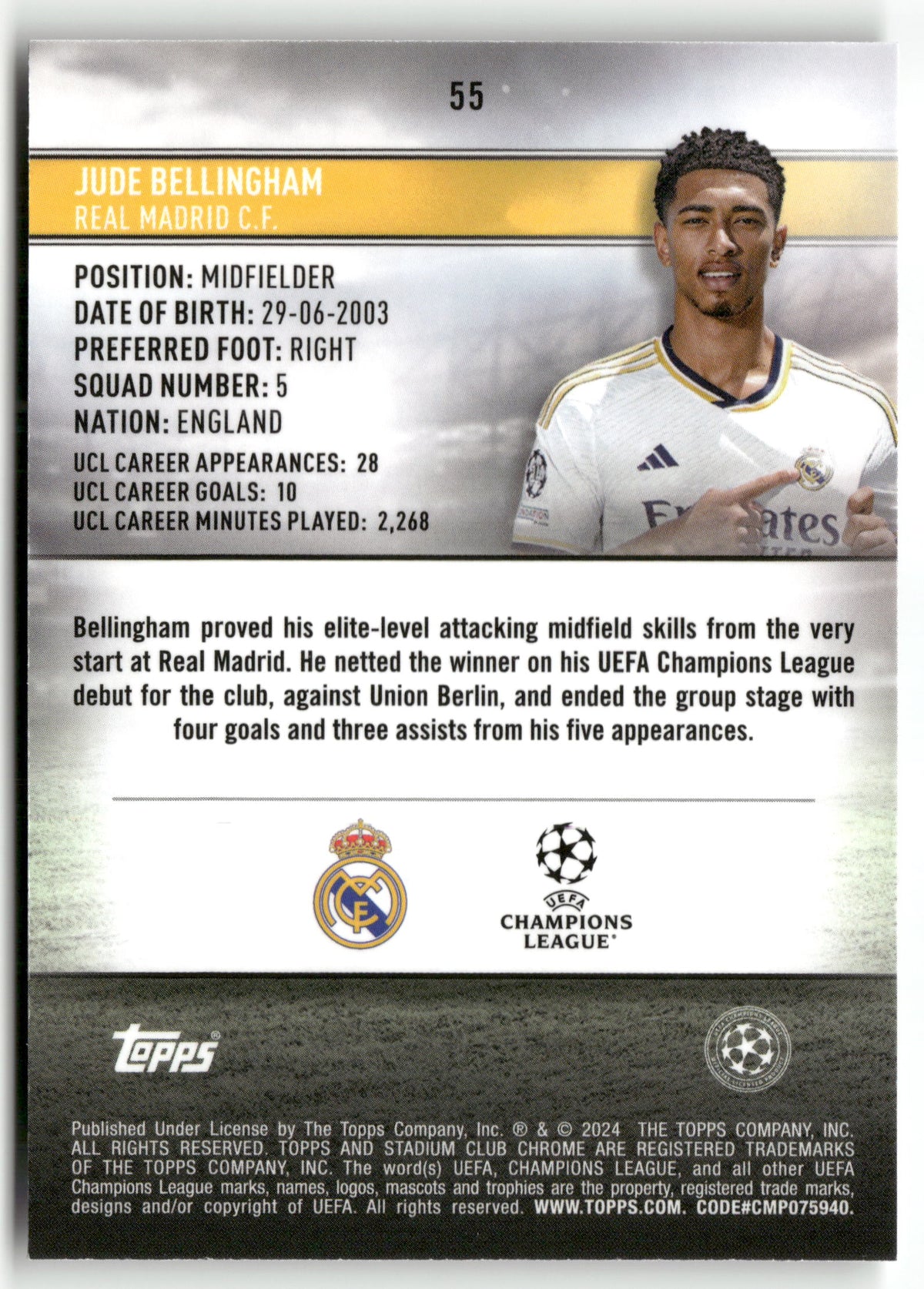Fußball Jude Bellingham 2024 Topps Stadium Club Chrome UEFA Champions League #55 Real Madrid C.F. Trading Card Original